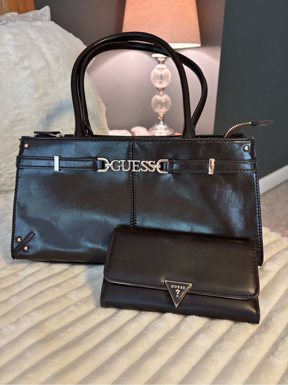GUESS rich brown Patent bag with Matching Wallet